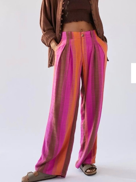 Urban Outfitters Pants - Urban Outfitters• Pink & Orange Low Rise Wide leg Martina Linen Trouser• Sz 0